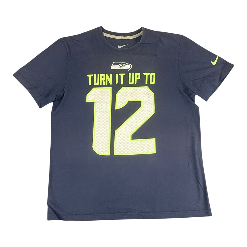 Nike Seattle Seahawks T-Shirt Mens Medium Navy Blue Turn It Up To 12 NFL Fan Tee